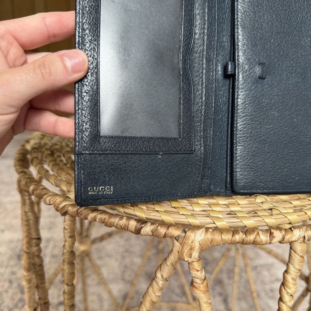 Vintage GUCCI GG Supreme Canvas Navy Blue Leather Wallet Logo Gold Snap Trifold - Picture 11 of 16